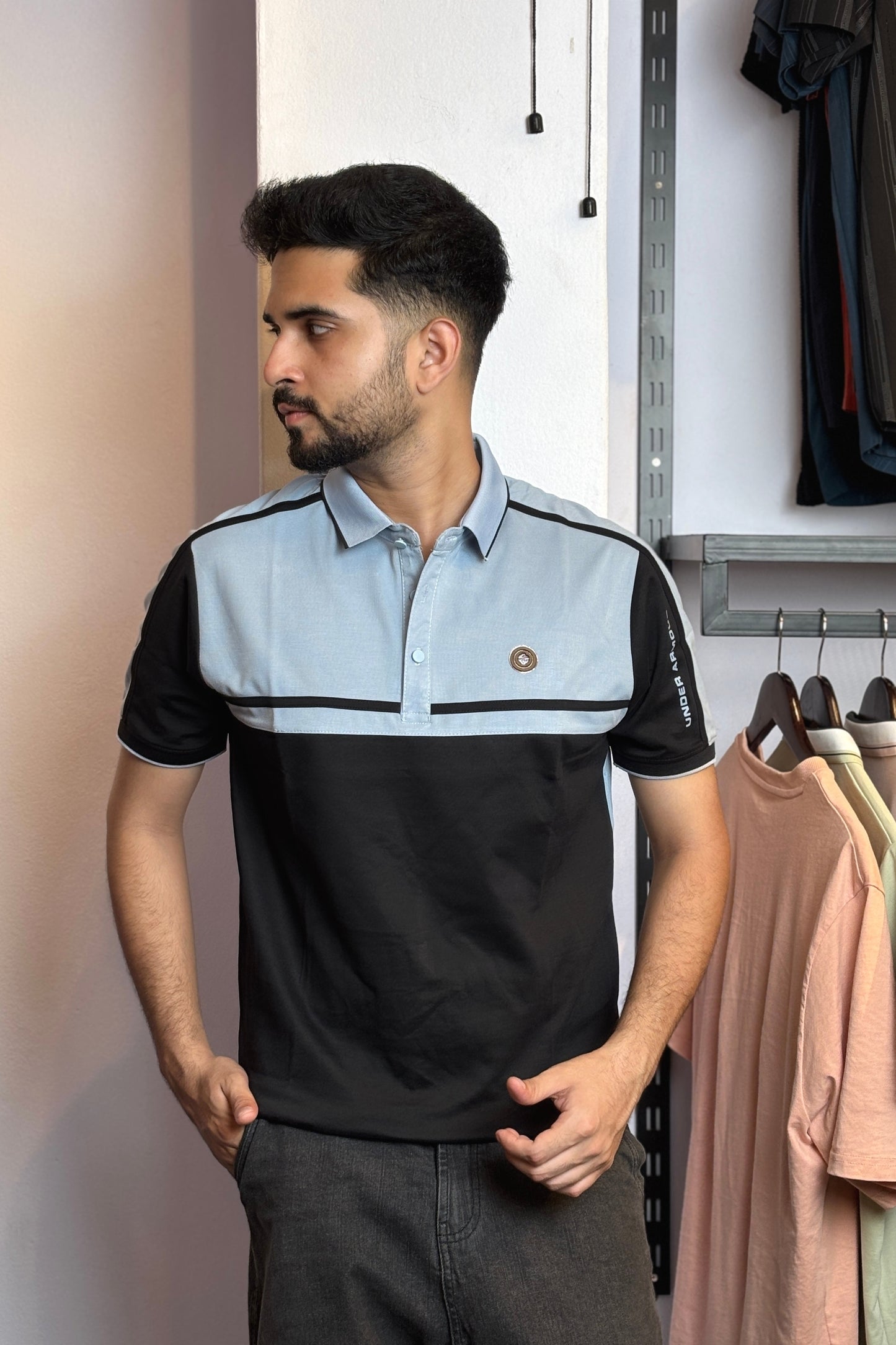 Sky Black Contrast Polo T-Shirt |UR