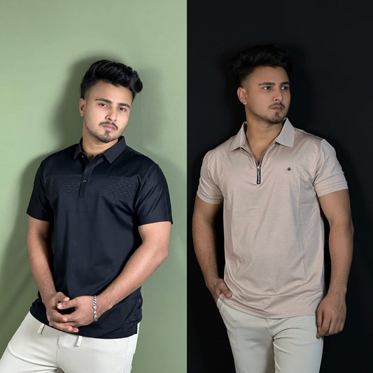 Black BLV+Cream Zipper Polo T-Shirt Combo-