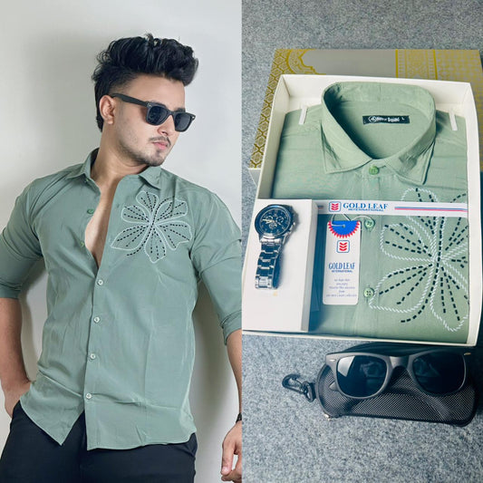 Sage Green Colour Stone Shirt – FREE Sunglass & Watch