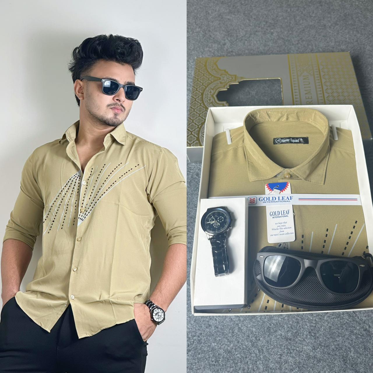 Khaki Beige Colour Stone Shirt – FREE Sunglass & Watch