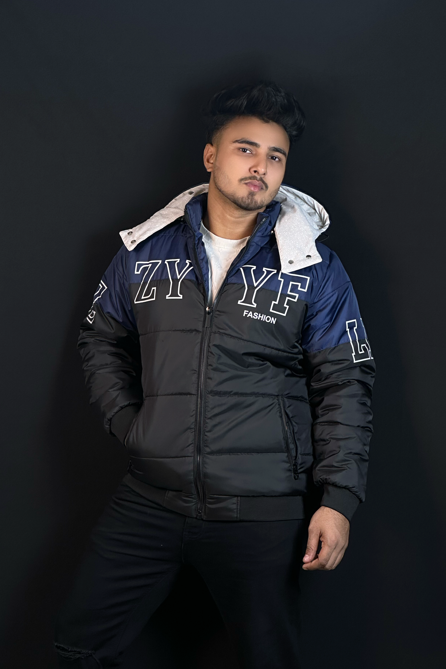 নেভিব্লু কালো কনট্রাস্ট চায়না বম্বার জ্যাকেট-YZ