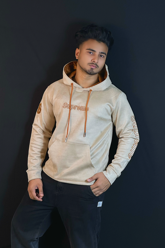 ক্রিম কালার চায়না ভেলভেট হুডি-Supreme