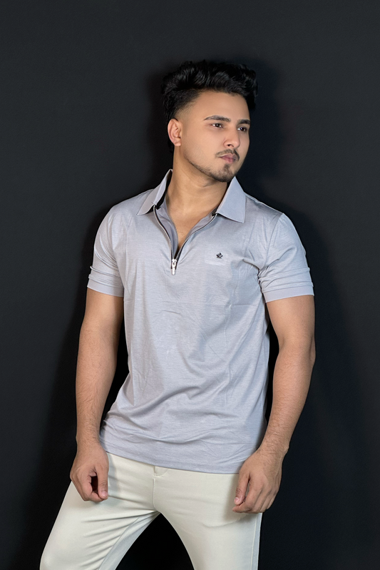 সিলভার কালার কালার পোলো টি-শার্ট-ZIPPER