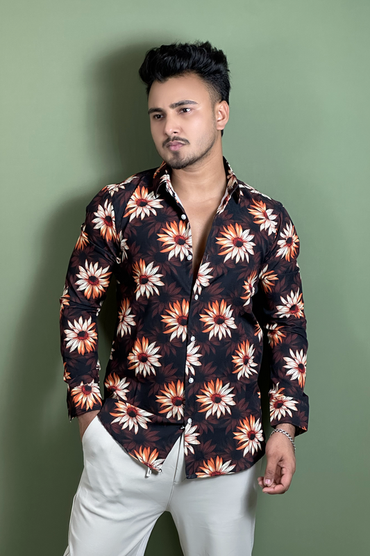 অরেঞ্জ ব্ল্যাক প্রিন্টেড শার্ট-Sunflower