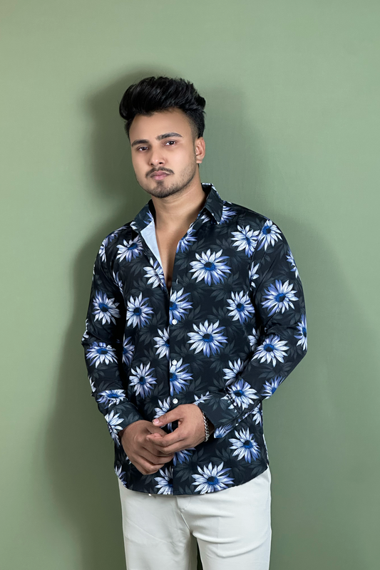 ব্লু ব্ল্যাক প্রিন্টেড শার্ট-Sunflower
