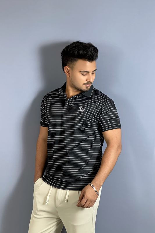 কালো কালার হোয়াইট স্ট্রাইপ পোলো টি-শার্ট-VR