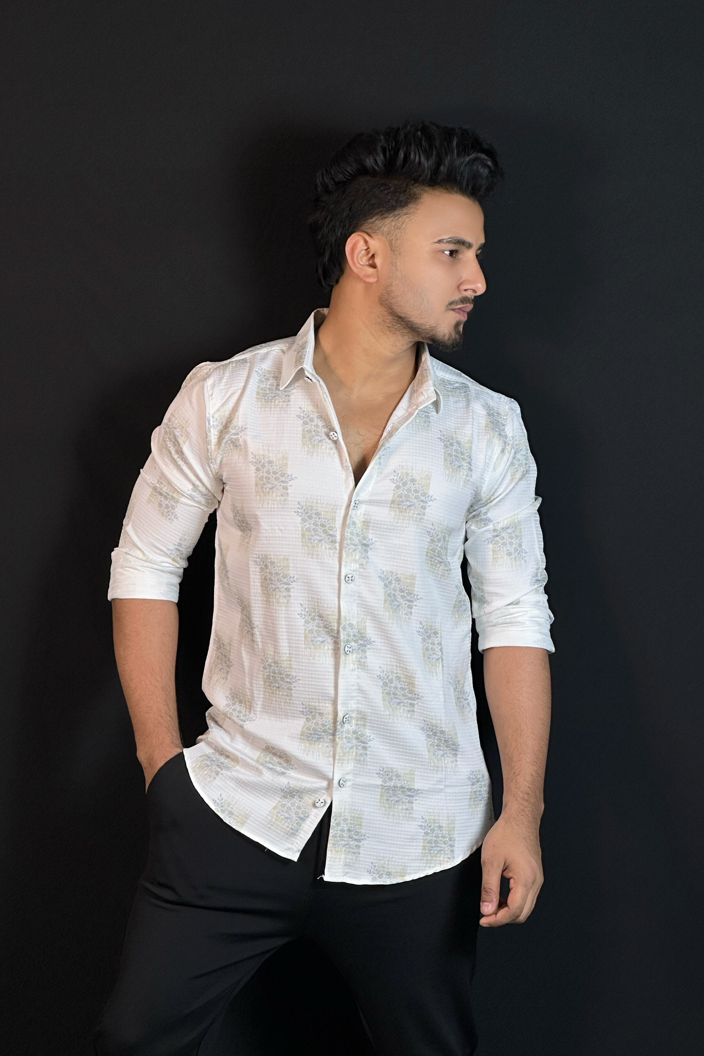 অলিভ হোয়াইট প্রিন্টেড শার্ট-Flower