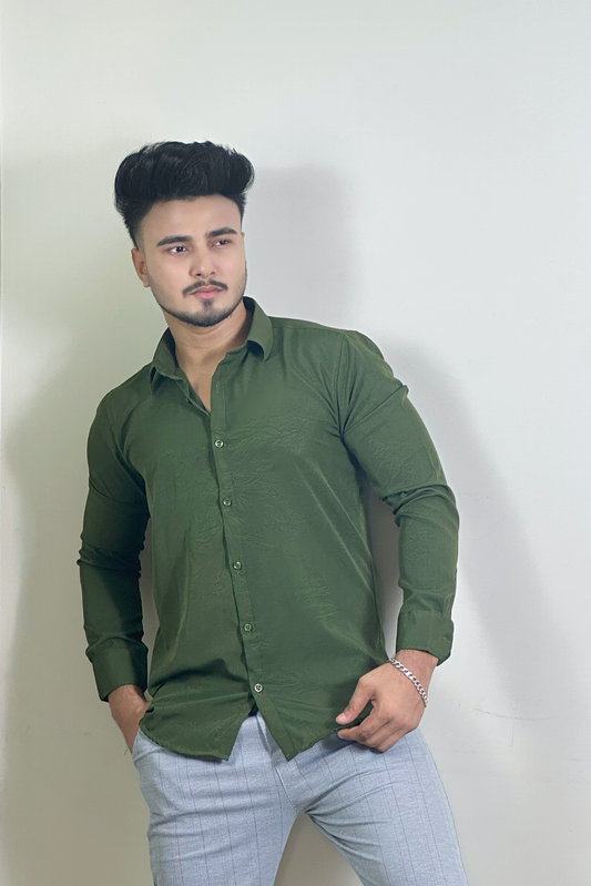 Olive Colour China Formal Shirt With Crushed