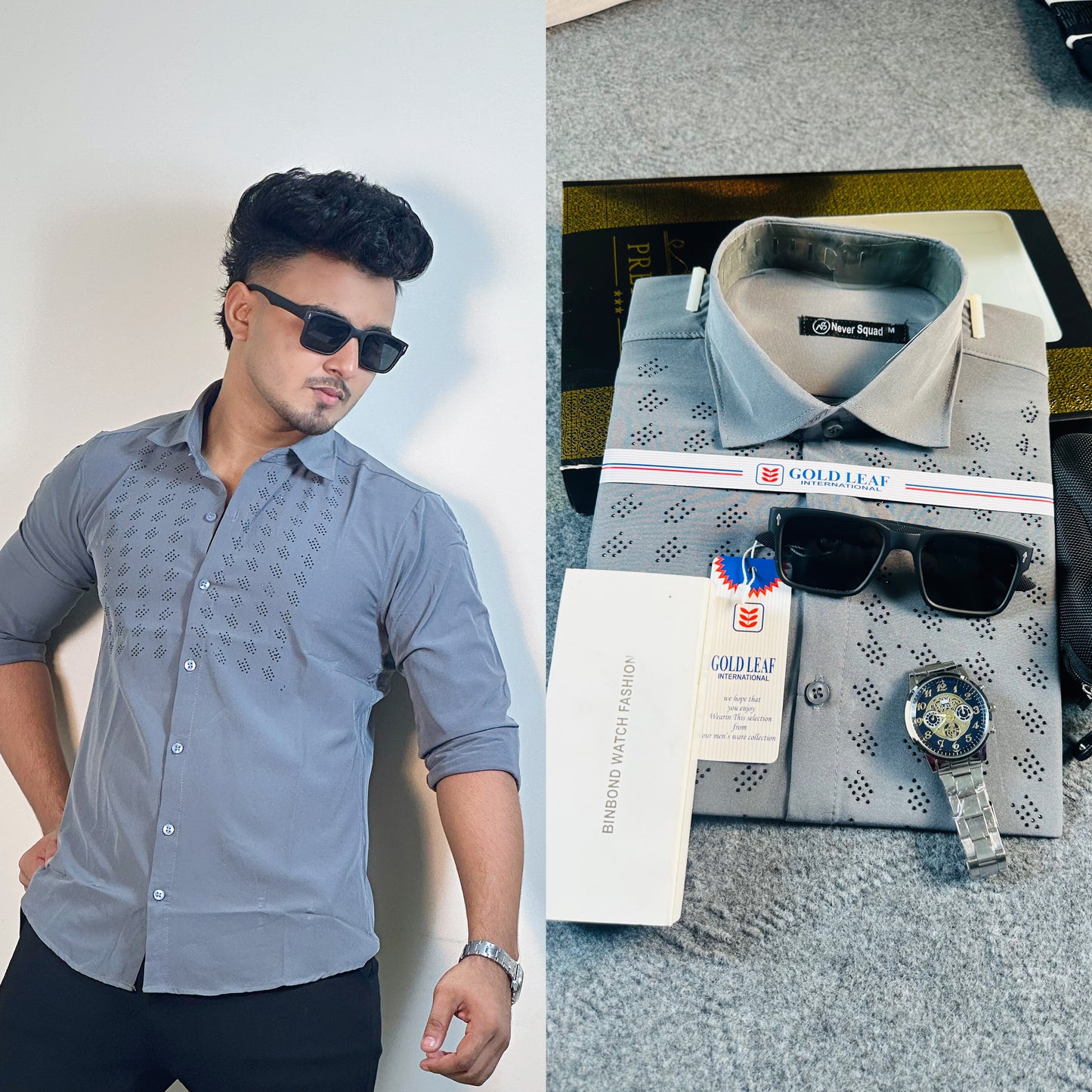 Ash Colour Stone Shirt – FREE Sunglass & Watch