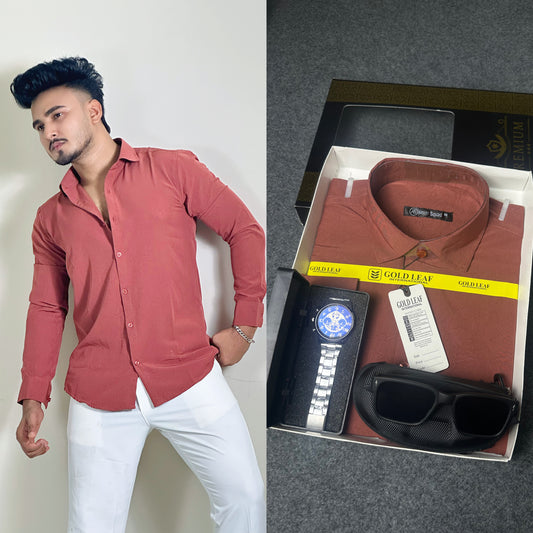 Sandy Brown Colour China Shirt – FREE Watch & Sunglass