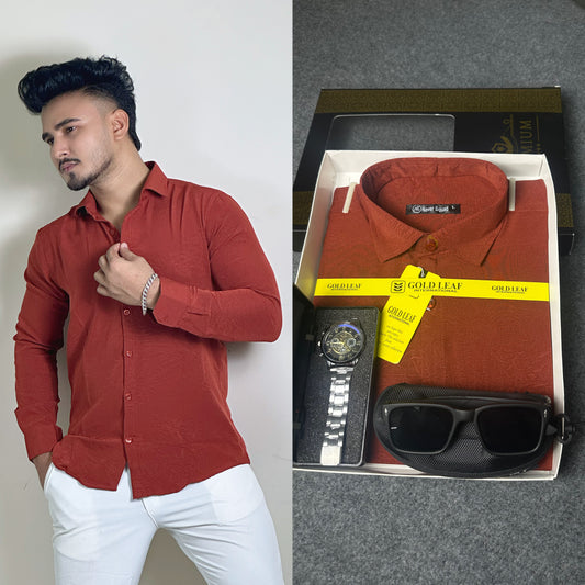 Brick Red Colour China Shirt – FREE Watch & Sunglass