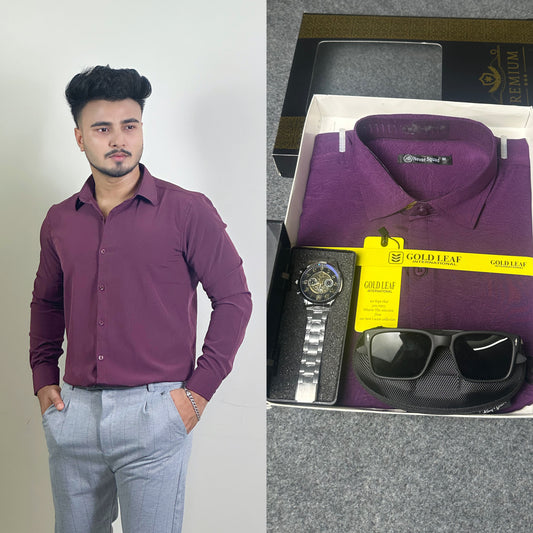 Wine Colour China Shirt  – FREE Watch & Sunglass