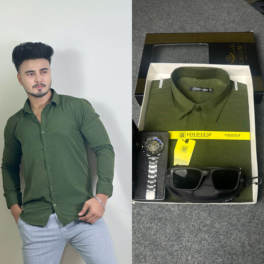 Olive Colour China Shirt – FREE Watch & Sunglass