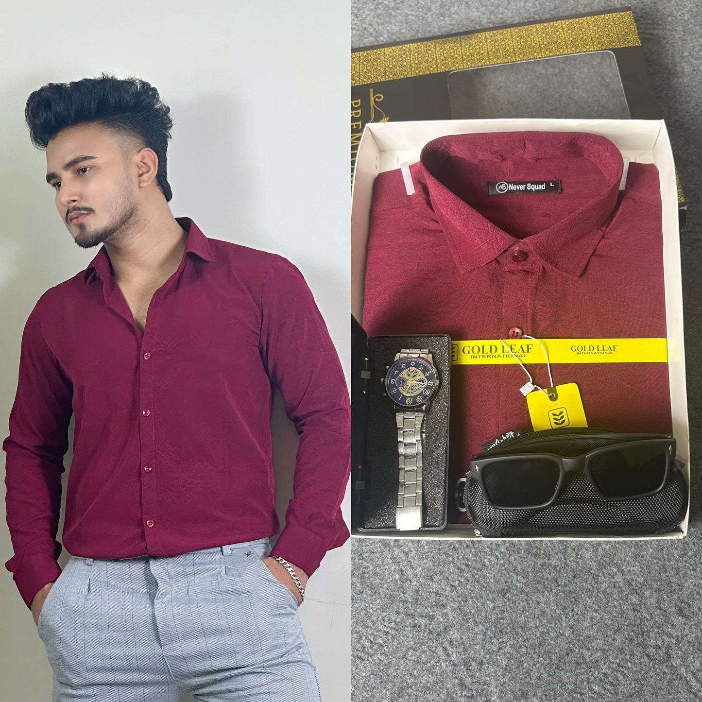 Maroon Colour China Shirt – FREE Watch & Sunglass