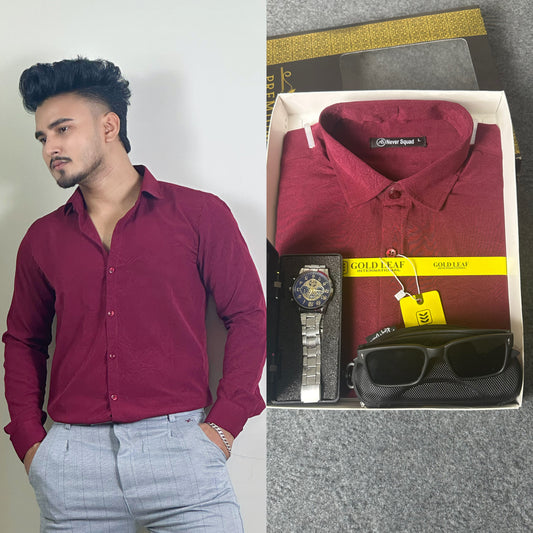 Maroon Colour China Shirt – FREE Watch & Sunglass