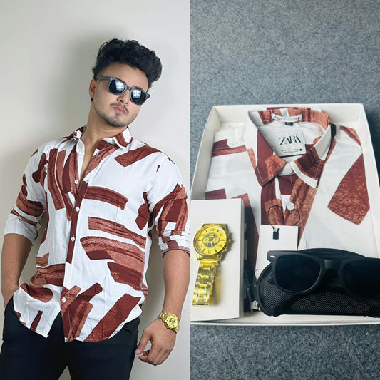 চকলেট কালার প্রিন্টেড শার্ট। সানগ্লাস এবং ঘড়ি ফ্রি