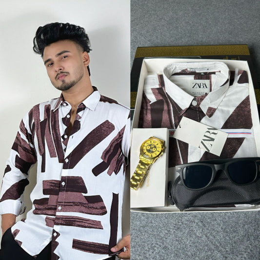 ডার্ক ব্রাউন কালার প্রিন্টেড শার্ট। সানগ্লাস এবং ঘড়ি ফ্রি