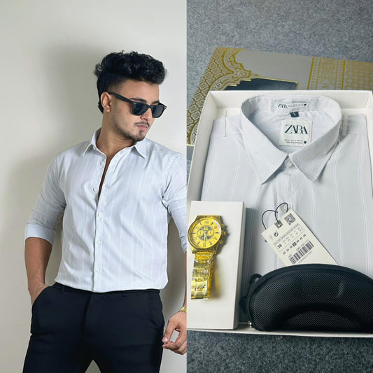 সিলভার হোয়াইট কালার ওল্ড মানি  শার্ট। সানগ্লাস এবং ঘড়ি ফ্রি