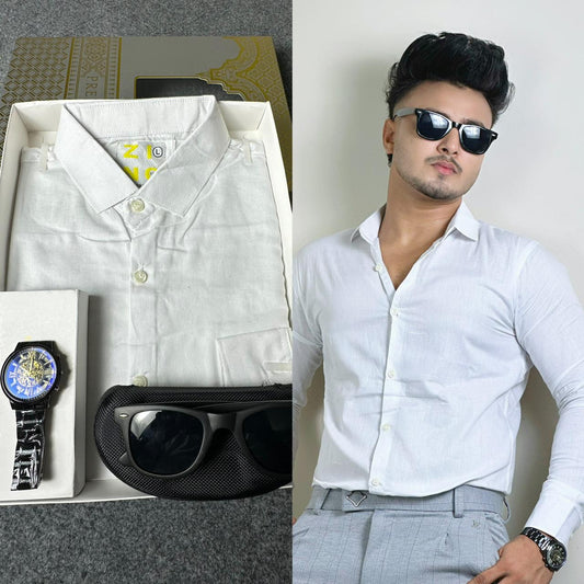 White Colour Oxford Cotton Shirt+FREE Sunglass & Watch