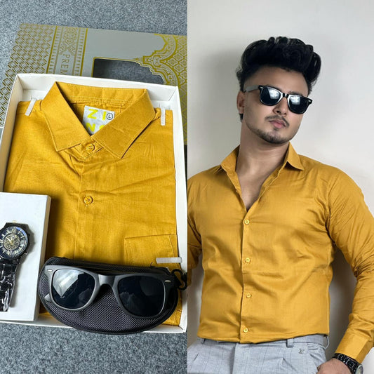 Mustard Yellow Colour Oxford Cotton Shirt+ FREE Sunglass & Watch