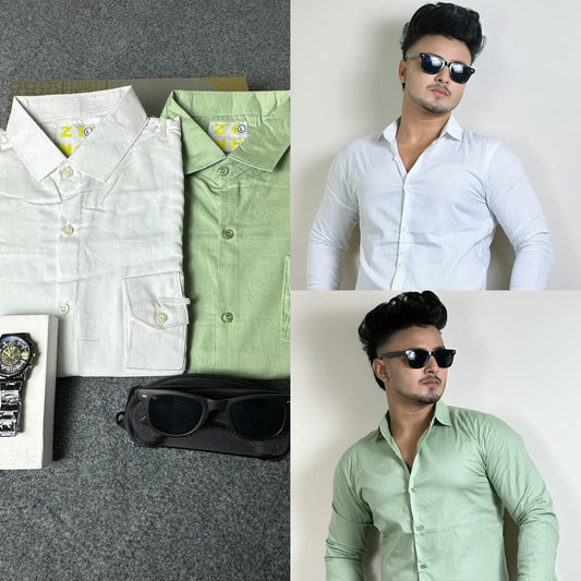 Lemon+White Colour Oxford Cotton 2 Pcs Combo Shirt+ FREE Sunglass & Watch