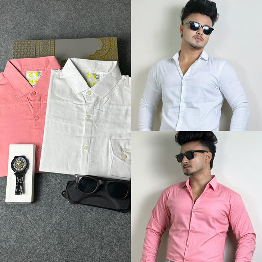 White+Misty Colour Oxford Cotton 2 Pcs Combo Shirt+ FREE Sunglass & Watch