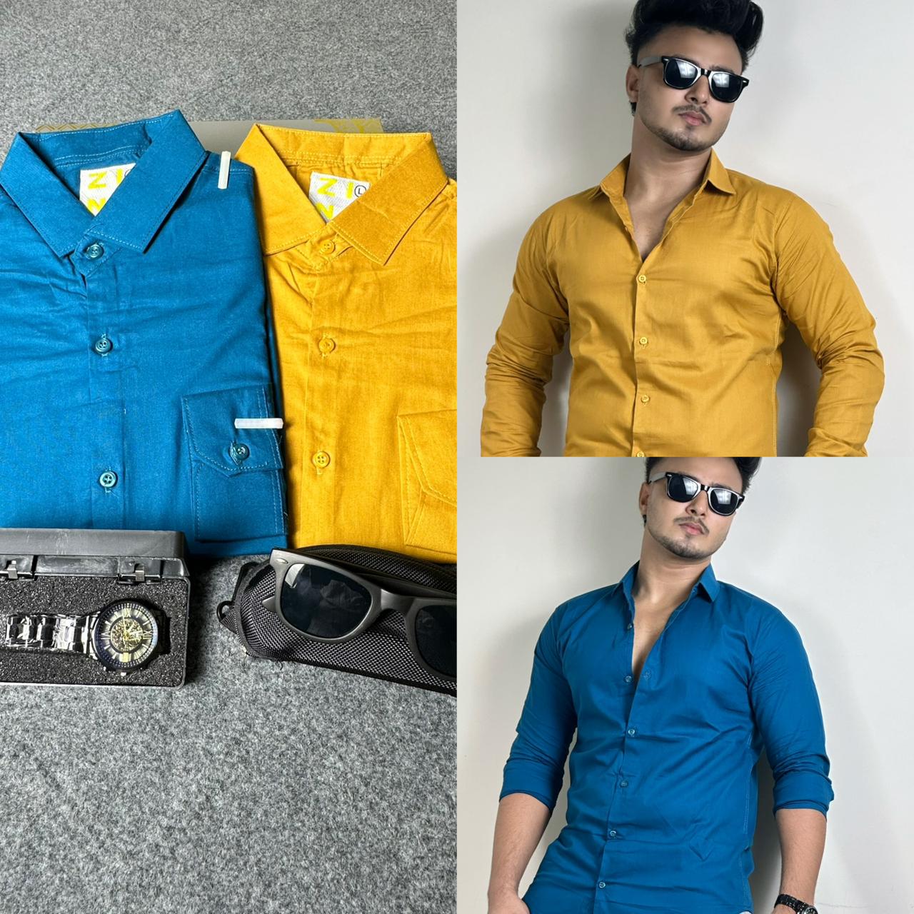Blue+Mustard Yellow Colour Oxford Cotton Shirt 2 Pcs Combo Shirt+ FREE Sunglass & Watch