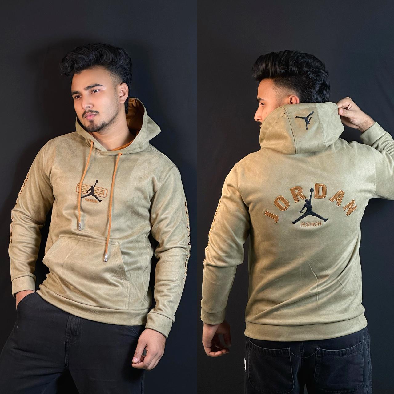 অলিভ কালার চায়না ভেলভেট হুডি-JORDAN