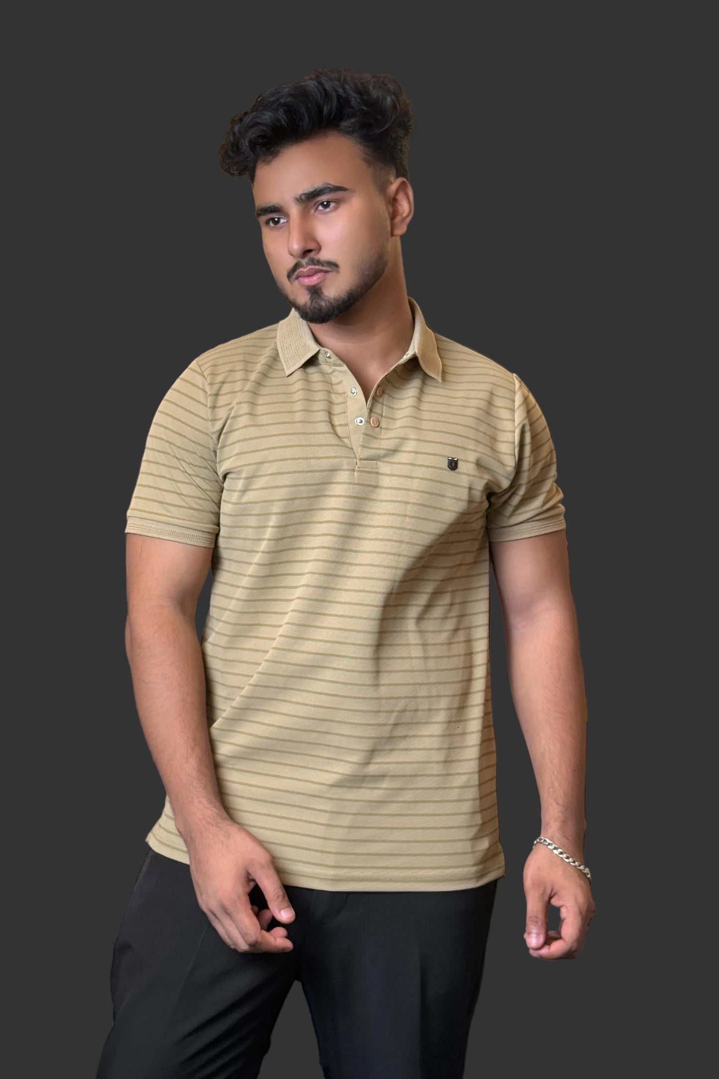 Light Khaki Colour Stripe Polo T-Shirt |SSP